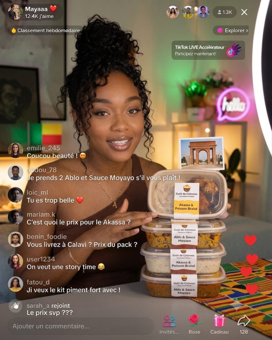 Une cheffe qui vend ses plats faits maison en live